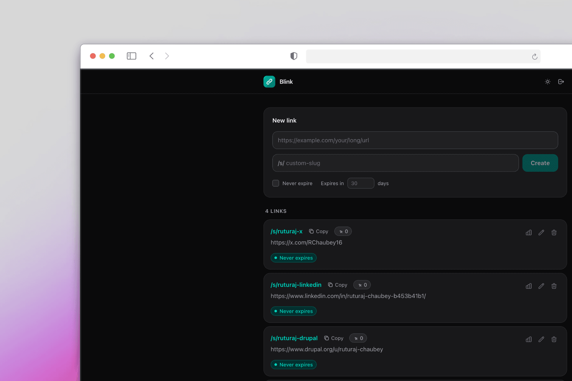 Blink URL shortener home page