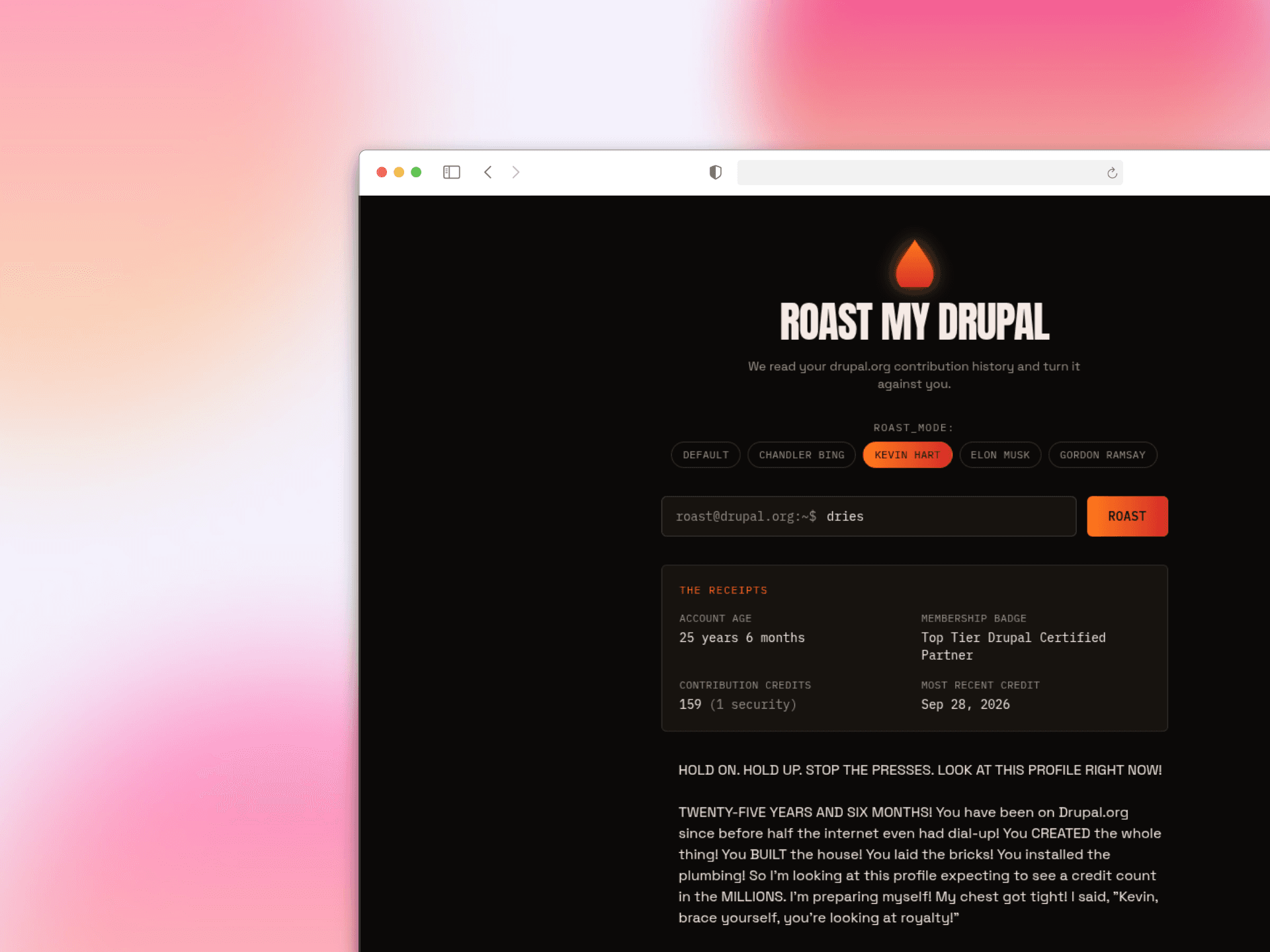 Roast My Drupal app showing a streamed roast and a contribution stats card